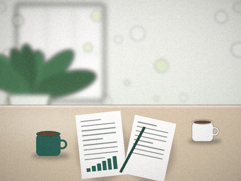 Table de travail avec deux tasses de café et des documents comptables, rendez-vous en cours